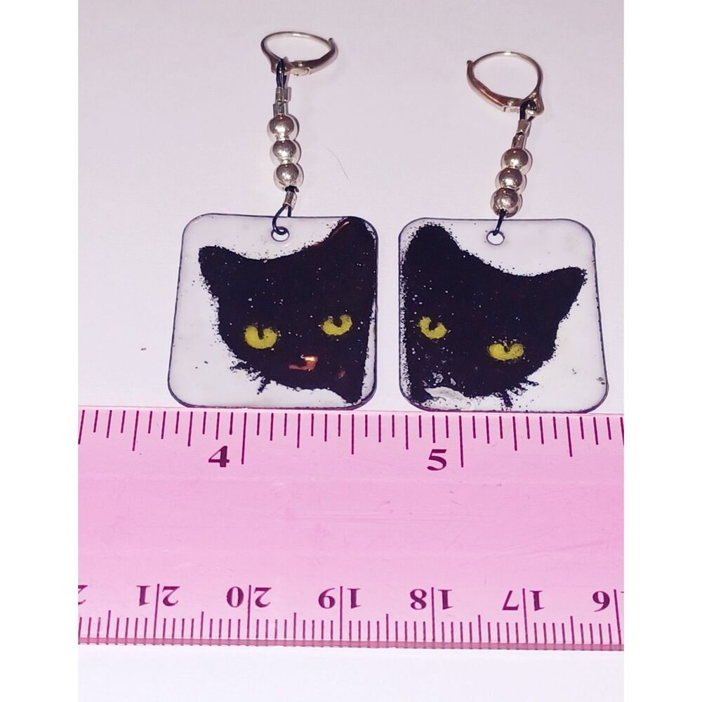 925 Cat earrings  Enamel cat  sterling silver lever hooks beads Artist made Me!